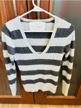 Soft Striped V-Neck Cable Knit Sweater in Shades of Gray